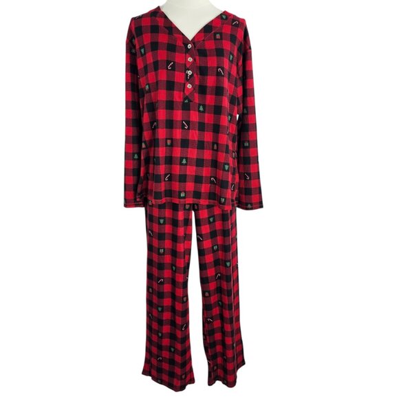 Jaclyn NY Red Buffalo Plaid Holiday Print Henley Pajama Set Women's Size M NWOT - Picture 2 of 15